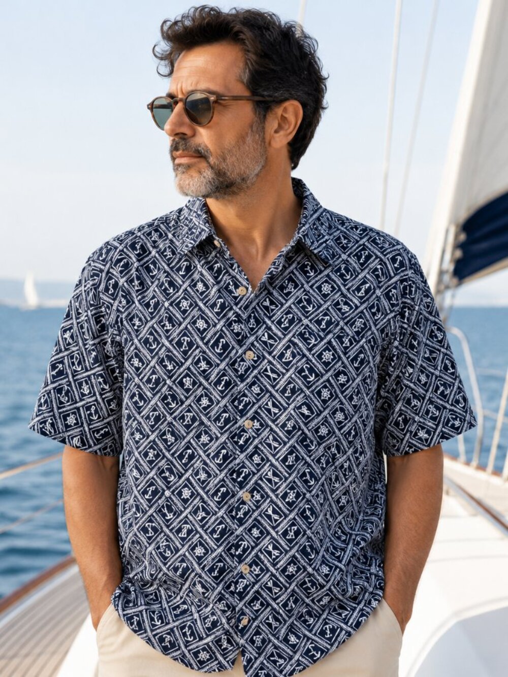 Ruff Hewn Men’s Hawaiian Shirt Medium Linen Cotton Blend Nautical Print